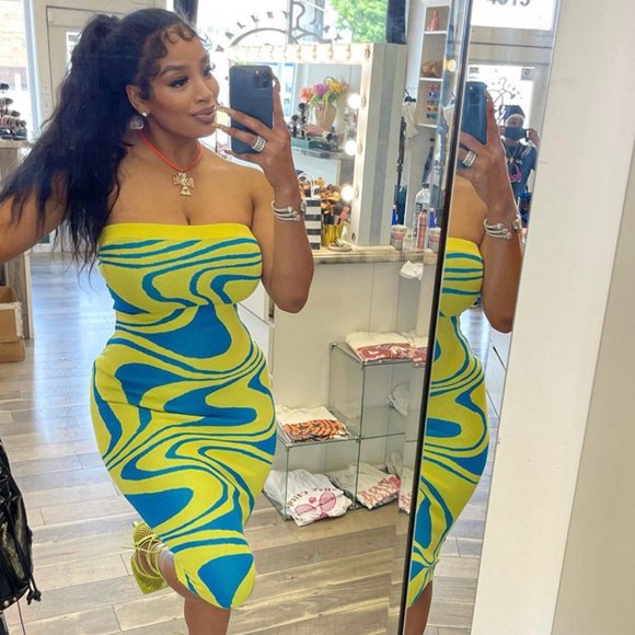 Women Bodycon Strapless Dress Large Yellow Blue Midi Stretch Backless - Picture 2 of 15